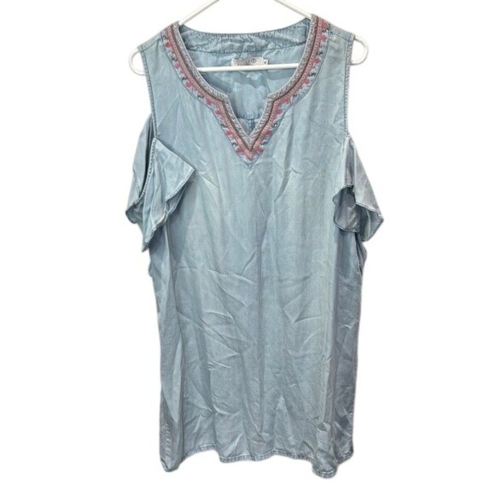 Billy T Chambray Dress Cold Shoulder Embroidered Casual Mini Dress‎ XL